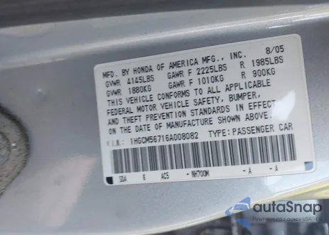 2006 Honda Accord 2.4 Ex из США, поврежденный, VIN 1HGCM56716A008082